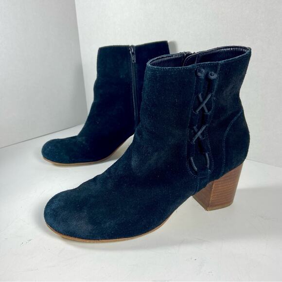 SOLE SOCIETY black suede leather block heel zip up bootie with lace up detail - Picture 1 of 12